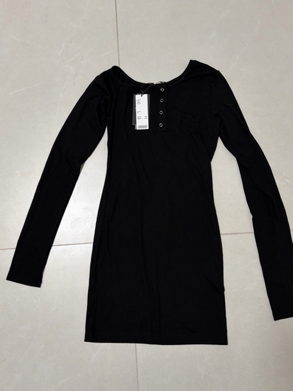 Lioness Black Long-Sleeve Ribbed Henley Mini Dress